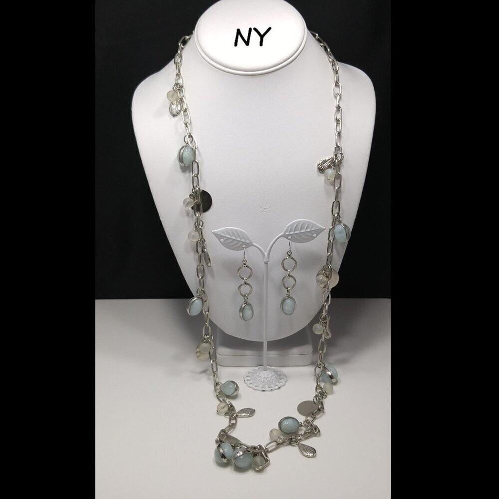 New York Light Blue Long Necklace & Drop Earrings Set, 38 Inches